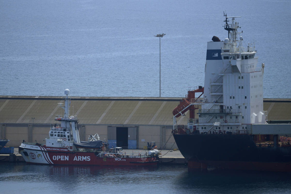 A view of the open arms ship and the container ship Sagamore, right, docked at Larnaca port, Cy ...