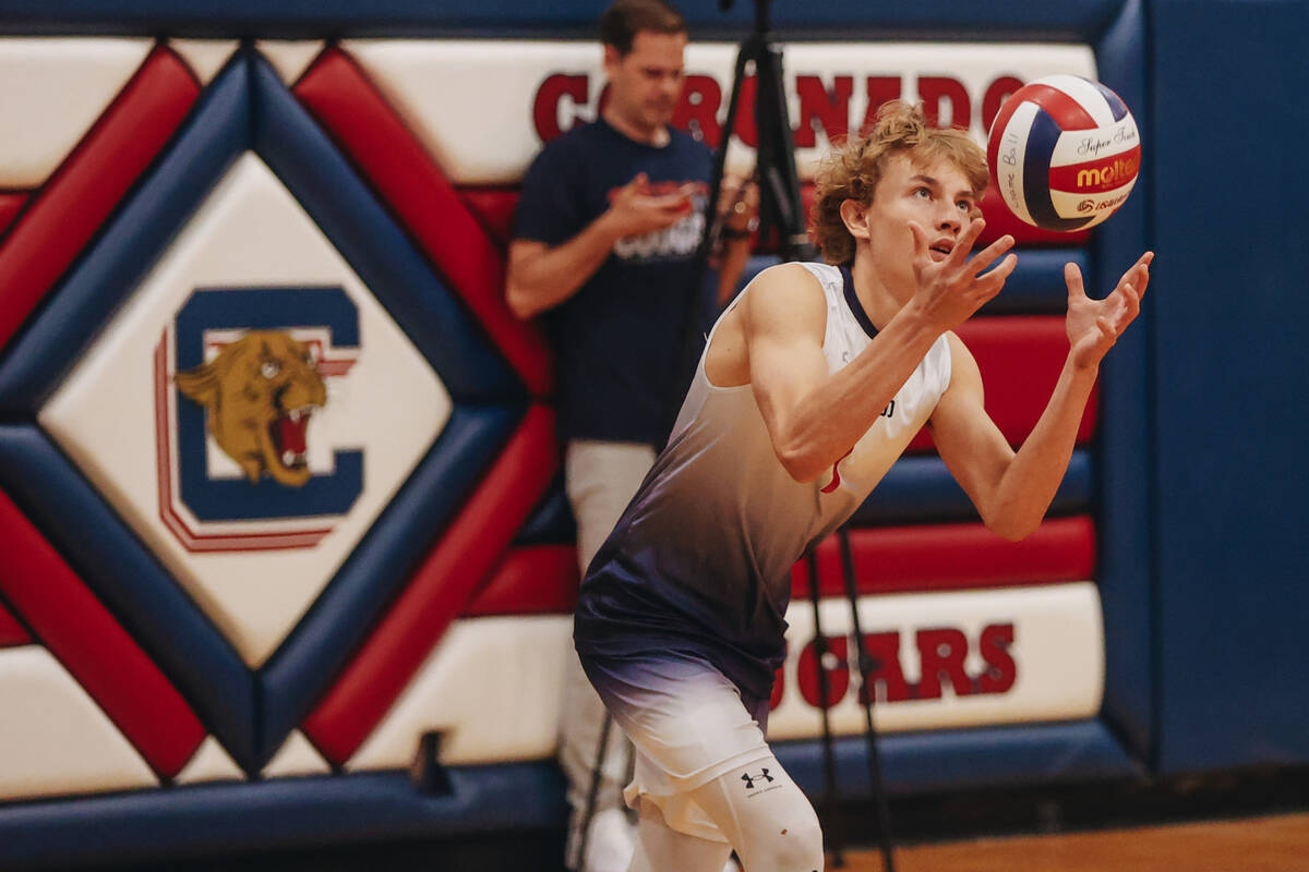 Coronado setter Braxton Rowley (1) serves the ball during a Class 5A high school boys volleybal ...