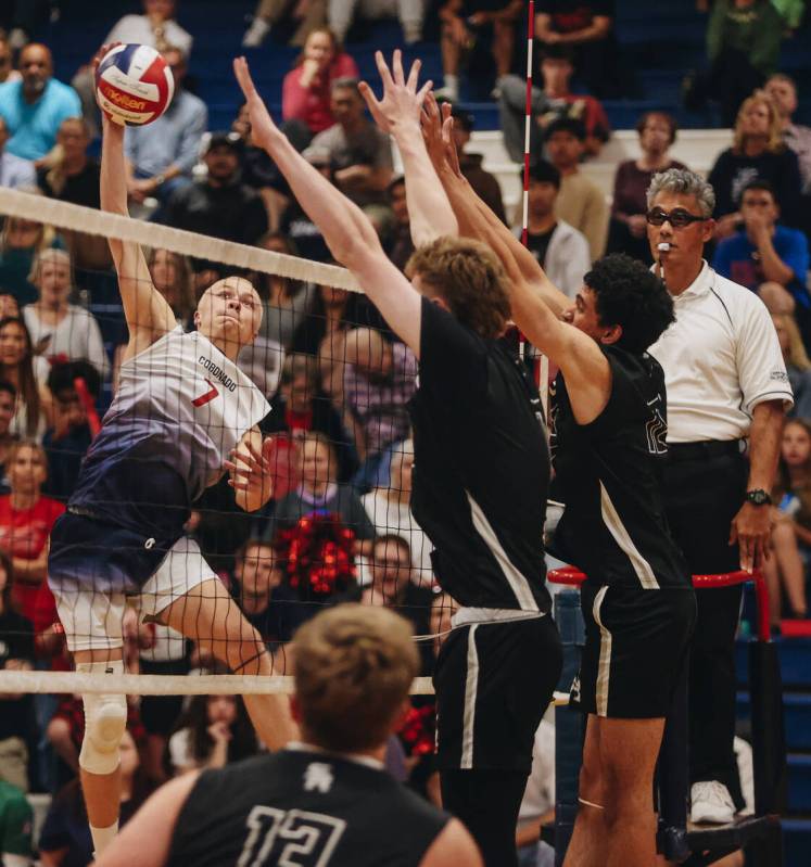 Coronado outside hitter Dane Galvin (7) hits the ball over the net during a Class 5A high schoo ...