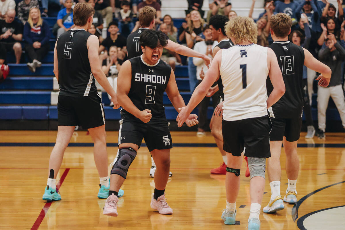 Shadow Ridge setter Angel Lopez (9) cheers during a Class 5A high school boys volleyball state ...