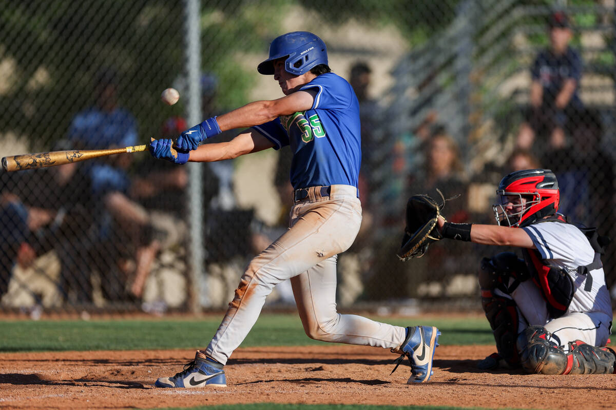 Green Valley outfielder Jet McNelis (55) swings and misses while Coronado catcher AJ Salteri re ...