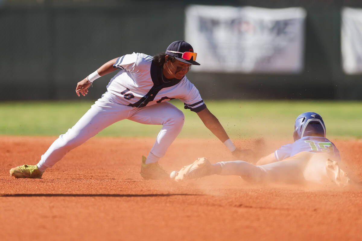 Coronado infielder Elijah Gaddis (10) tags out Green Valley’s Benjamin Byington (19) dur ...