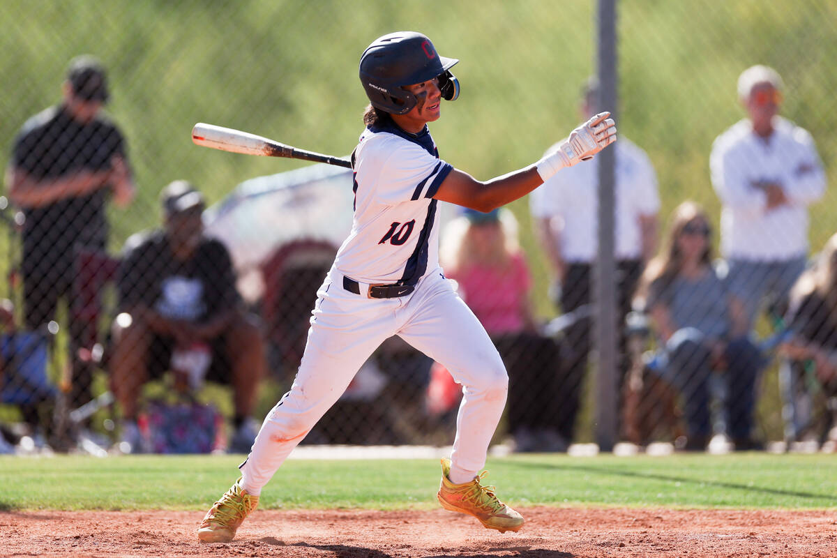 Coronado’s Elijah Gaddis (10) bats against Green Valley during a Class 5A high school ba ...