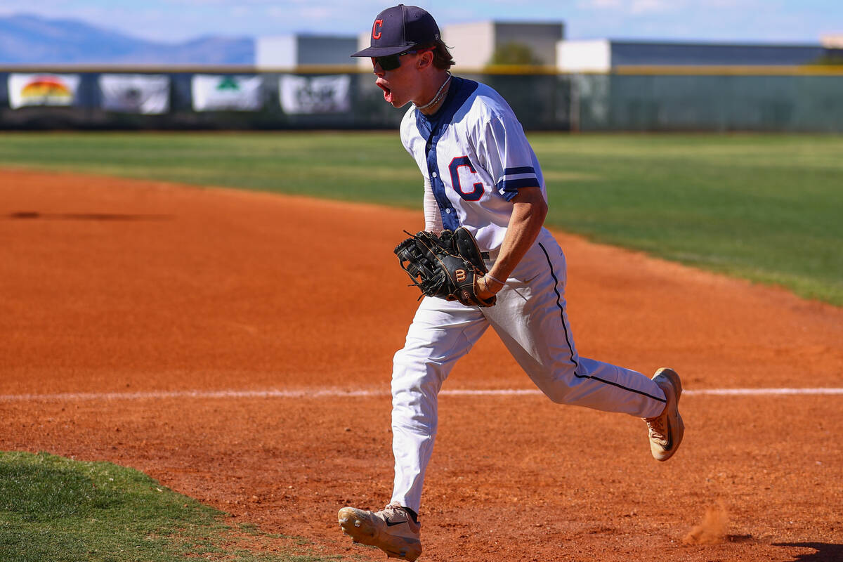 Coronado outfielder Vinny Kistle celebrates after catching a foul ball for an out on Green Vall ...