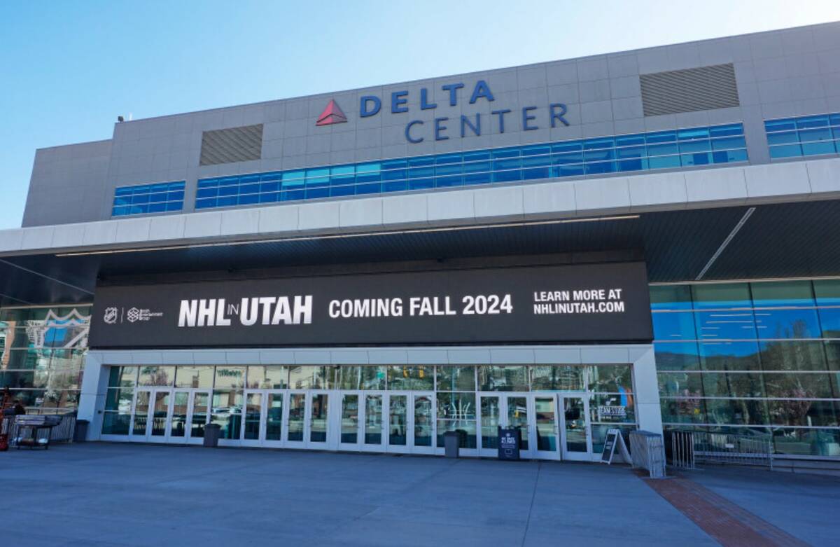 Signage announces that an NHL team is coming to Salt Lake City, at the Delta Center on Thursday ...