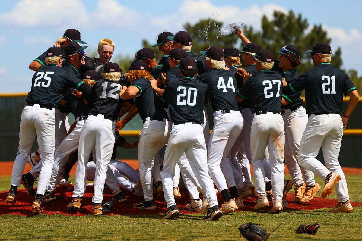 Palo Verde celebrates on the mound after winning a Class 5A high school baseball Southern Regio ...