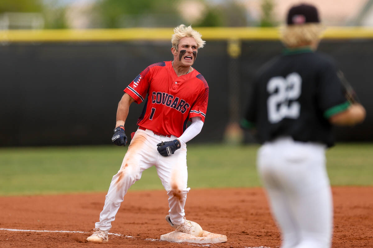 Coronado’s Evan Festa (1) celebrates after hitting a triple during a Class 5A high schoo ...