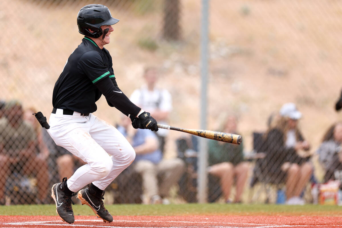 Palo Verde’s Andrew Kaplan takes off after getting a hit on Coronado during a Class 5A h ...