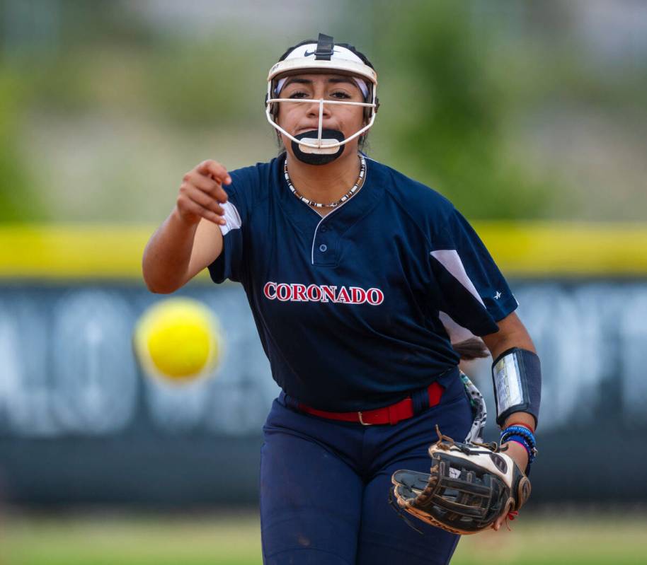 Coronado pitcher Sarah Lopez (5) releases a throw against a Palo Verde batter during the second ...