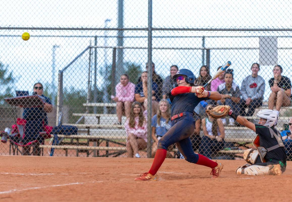 Coronado batter Bailey Goldberg (1) connects on a Palo Verde pitch during the seventh inning of ...