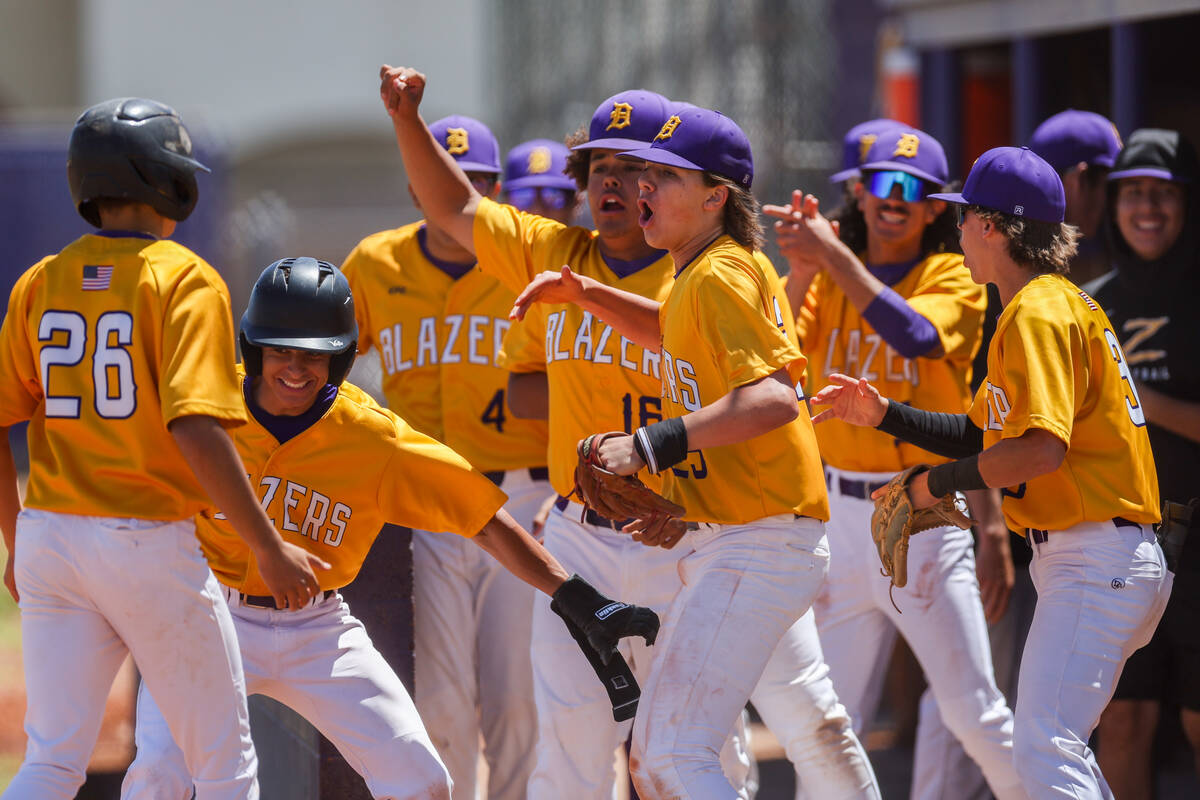 Durango celebrates after Jaylen Bosque (26) scored during a Class 4A high school state playoff ...