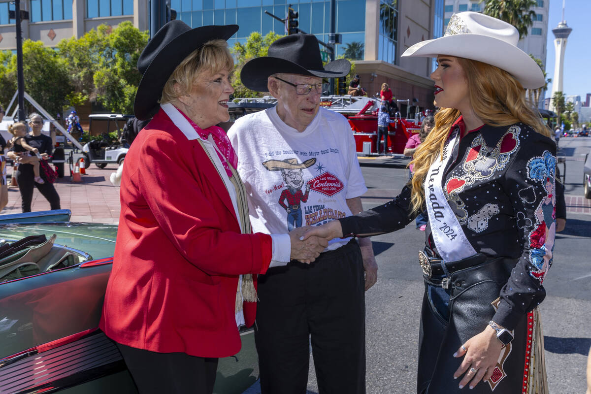 Mayor Carolyn Goodman and husband Oscar greet Miss Rodeo Nevada 2024 Annemarie Vogedes during t ...