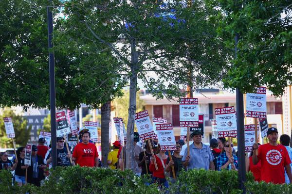 Hospitality workers demonstrate on the second day of their strike outside Virgin Hotels Las Veg ...