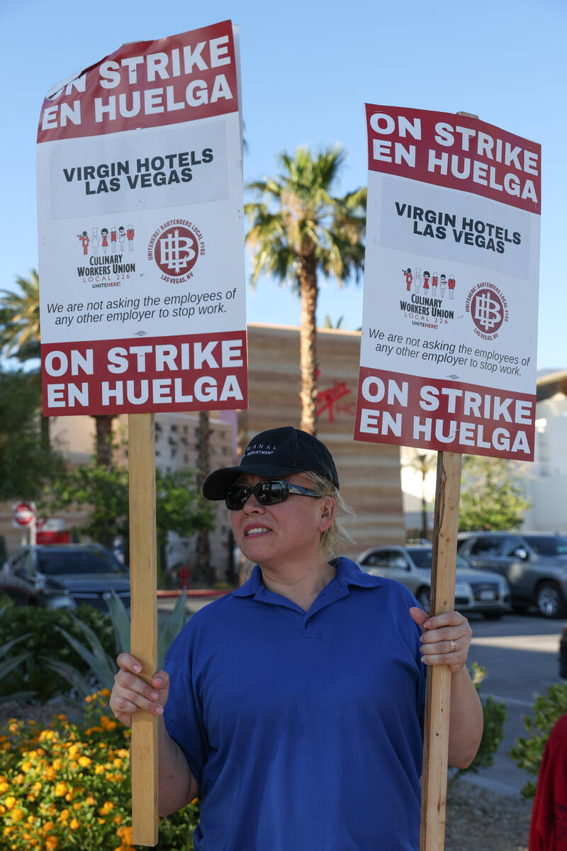 Alejandra Pinto, a member of the Culinary Workers Union Local 226, protests on the second day o ...