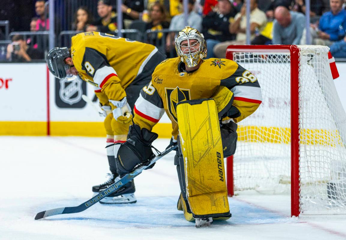 Golden Knights goaltender Logan Thompson (36) and center Jack Eichel (9) are dejected as anothe ...