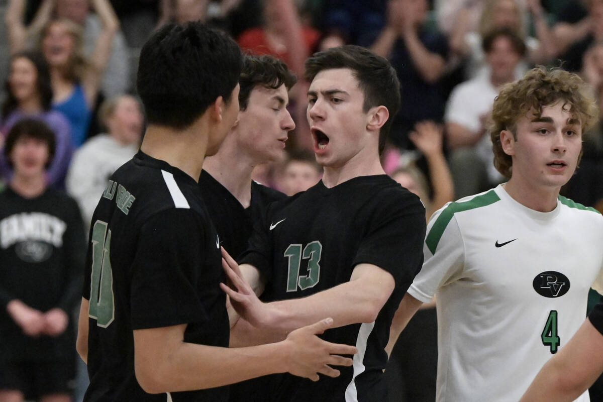 Palo Verde’s Dylan Ho, left, and Wyatt Christopherson celebrate a point against Arbor Vi ...