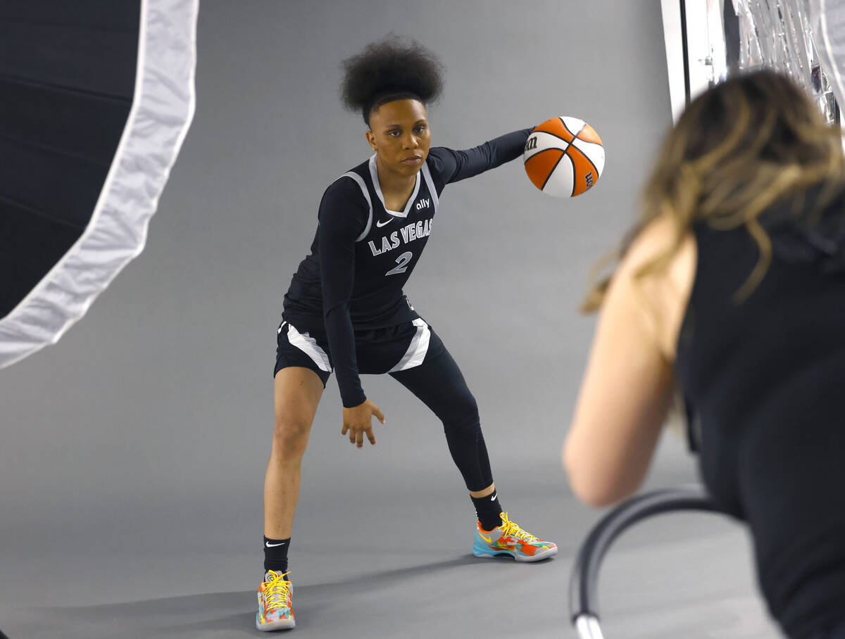 Las Vegas Aces guard Dyaisha Fair (2) poses for a photo during team's media day, on Friday, May ...
