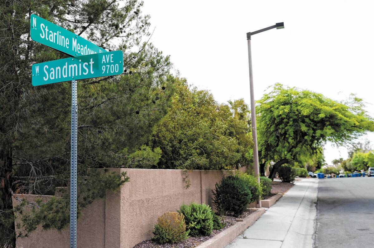 Street signs are seen on Tuesday, May 14, 2024 in the 2200 block of Starline Meadow Place where ...