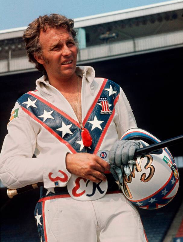 In this Aug. 20, 1974 file photo daredevil motorcyclist Evel Knievel poses at the open-air Cana ...