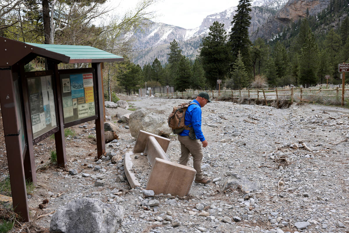 Alan Gegax, chief of VegasHikers hiking club, checks out damage at the Mary Jane Falls trailhea ...