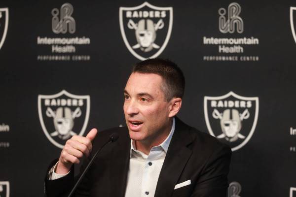 Raiders General Manager Tom Telesco speaks about the upcoming NFL draft during a press conferen ...