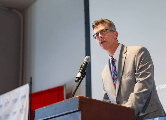 Review-Journal’s Executive Editor Glenn Cook addresses the audience at the Las Vegas Rev ...