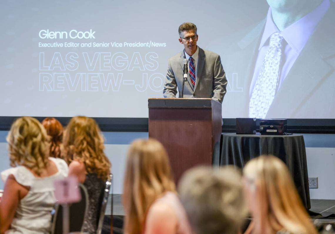 Review-Journal’s Executive Editor Glenn Cook addresses the audience at the Las Vegas Rev ...