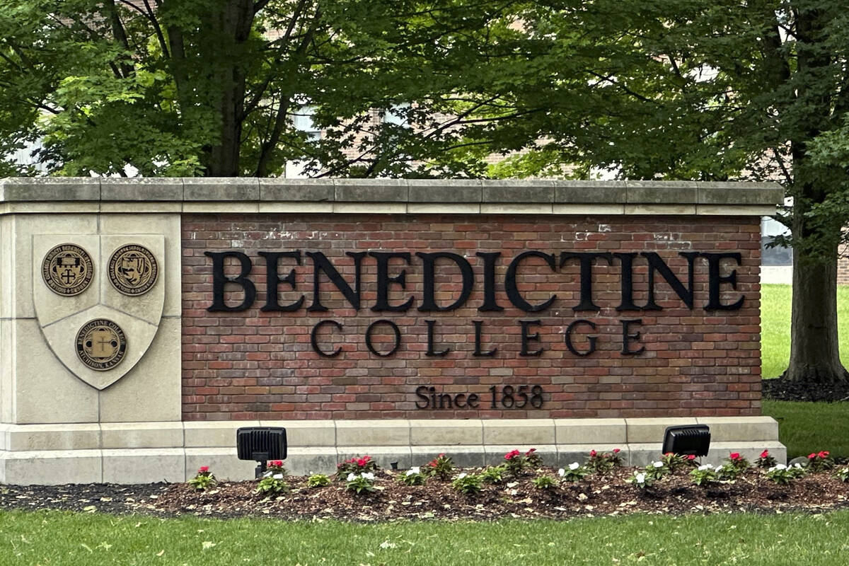 The Benedictine College sign is seen Wednesday, May 15, 2024, in Atchison, Kan., days after Kan ...