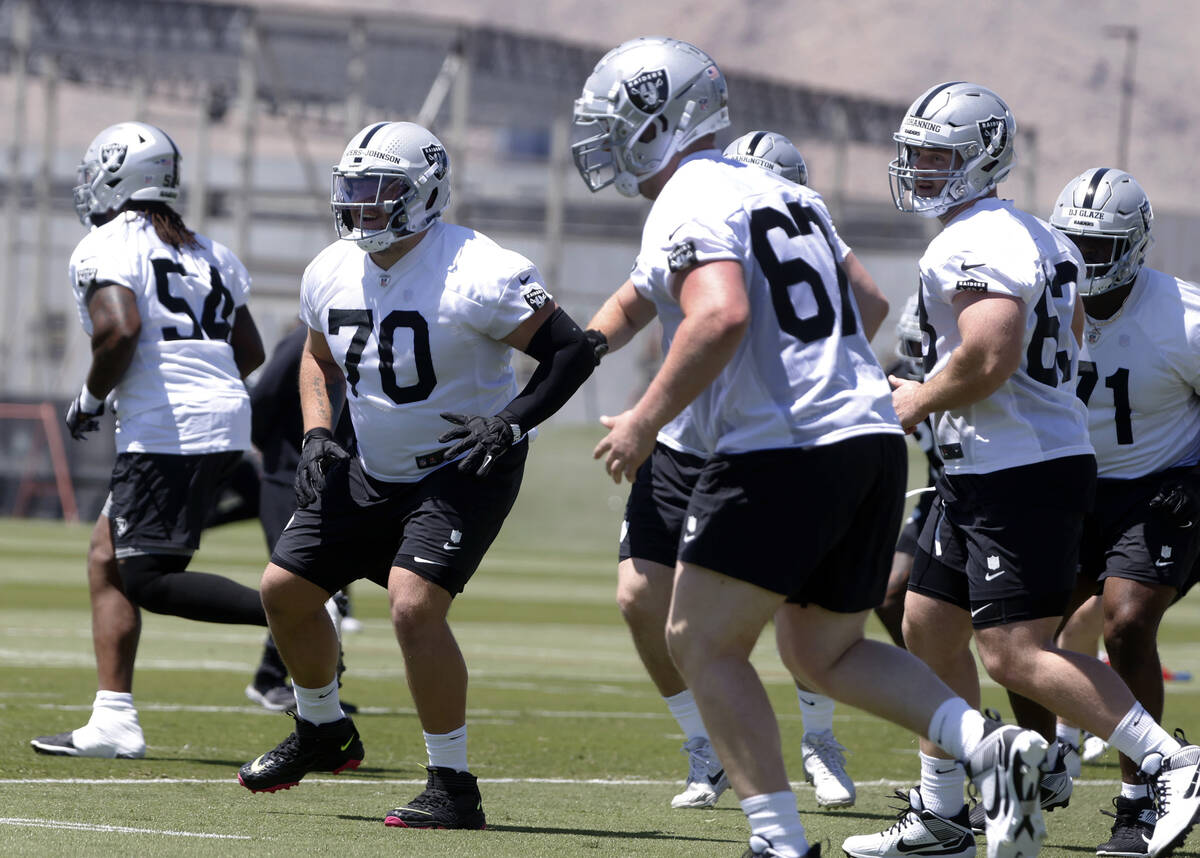 Raiders rookie guard Jackson Powers-Johnson (70) warms up during rookies first day of practice ...
