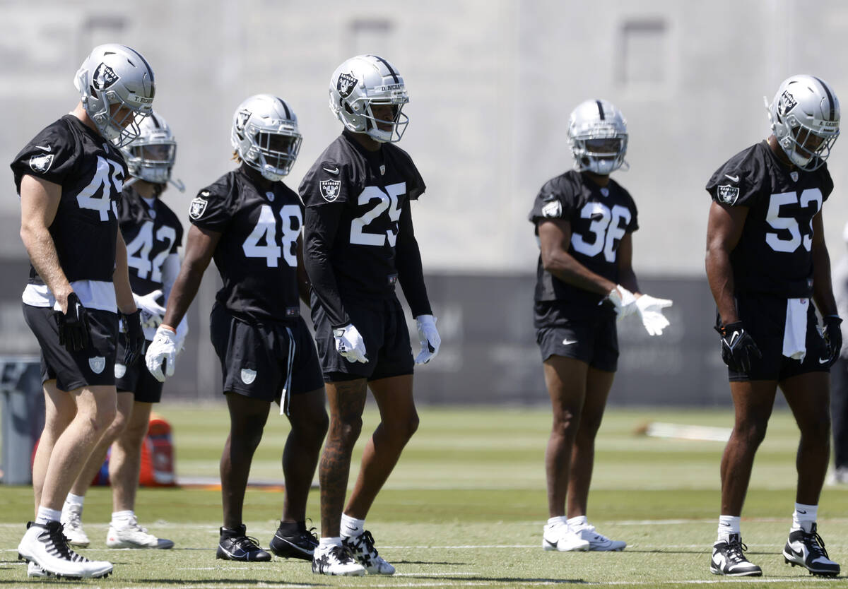 Raiders rookies, including cornerback Decamerion Richardson (25), take the field during rookies ...