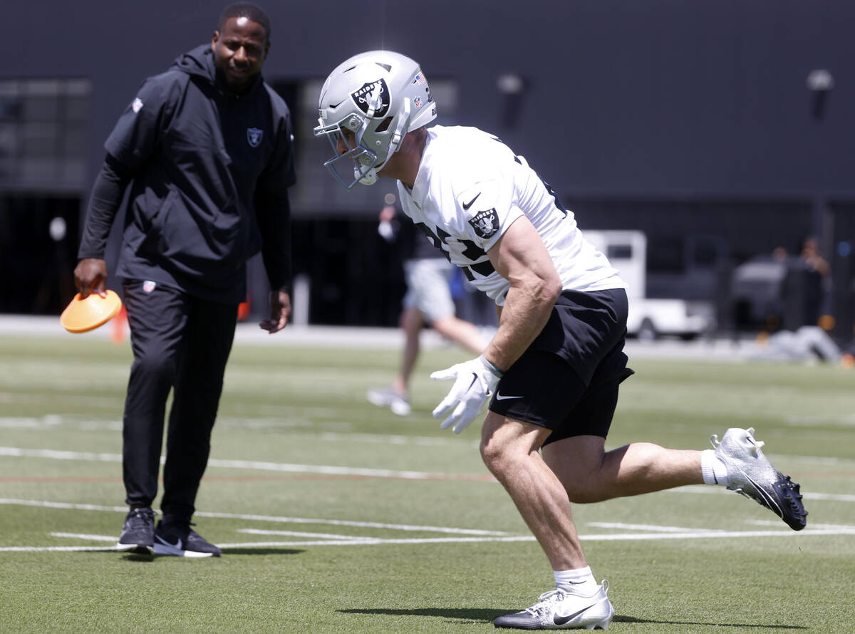 Raiders rookie running back Dylan Laube (23) sprints during rookies first day of practice at th ...