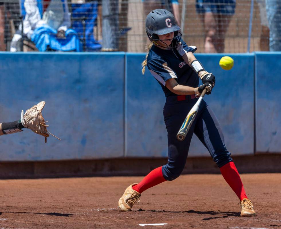 Coronado batter Mary Lou Tsunis (10) connects with a Douglas pitch during the fourth inning of ...