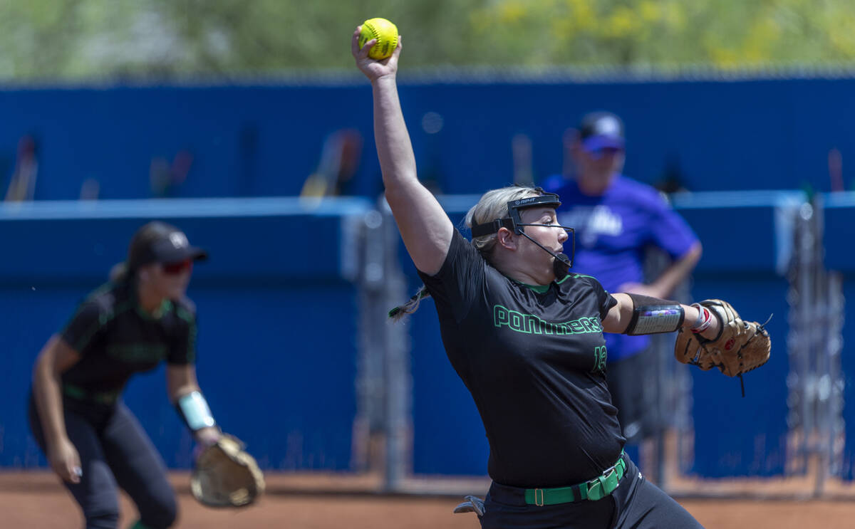 Palo Verde pitcher Bradi Odom (13) eyes the plate against a Spanish Springs batter during the f ...