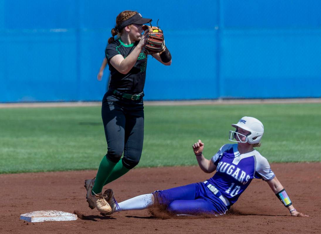 Palo Verde infielder Mya Bartlett (18) makes the tag at second base and looks to throw as Spani ...