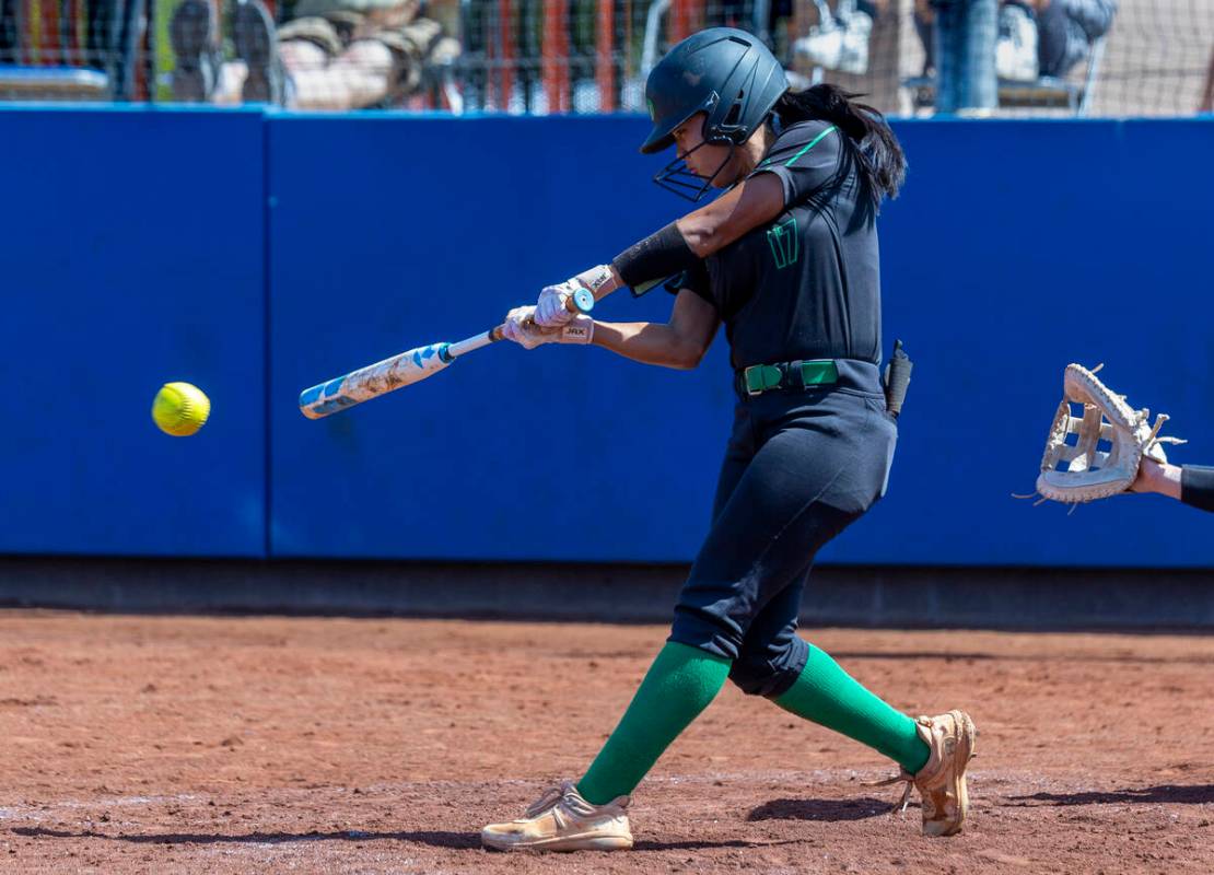 Palo Verde batter Makayla Enriquez (17) connects on a Spanish Springs pitch during the fourth i ...