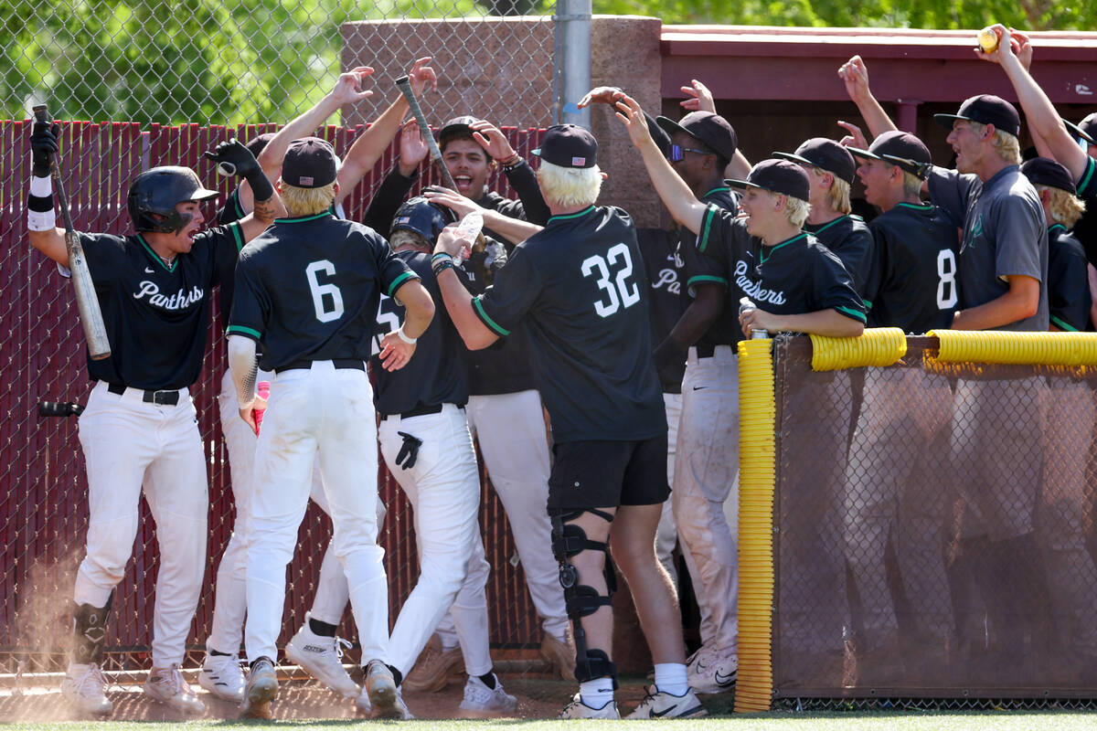 Palo Verde celebrates after infielder Ethan Clauss (25) scored during a Class 5A baseball state ...