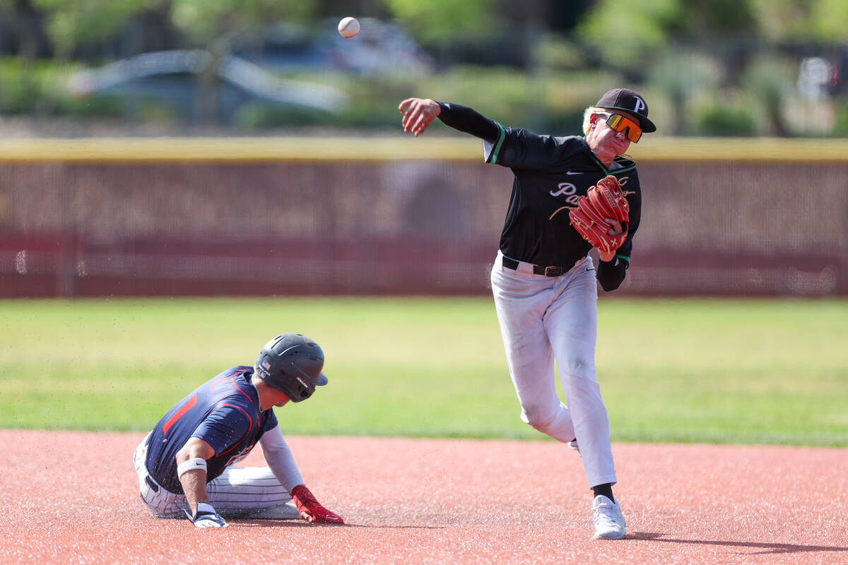 Palo Verde infielder Ethan Clauss (25) throws to first after getting an out on Coronado outfiel ...