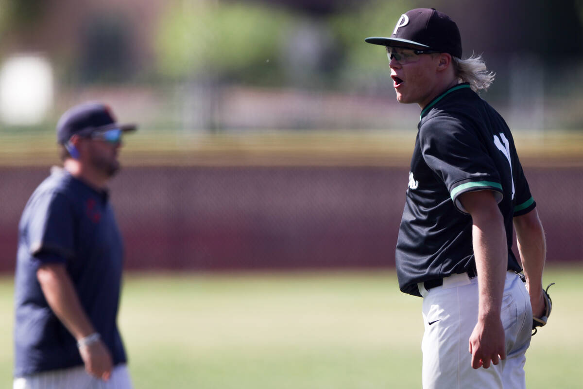 Palo Verde pitcher Mayson Reichartz (10) celebrates after his team ended a Coronado offensive i ...