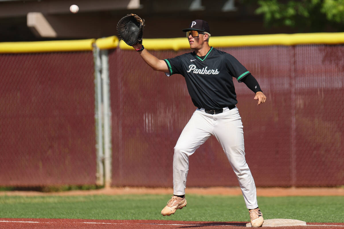 Palo Verde infielder Tanner Johns (21) catches for an out on Coronado during a Class 5A basebal ...