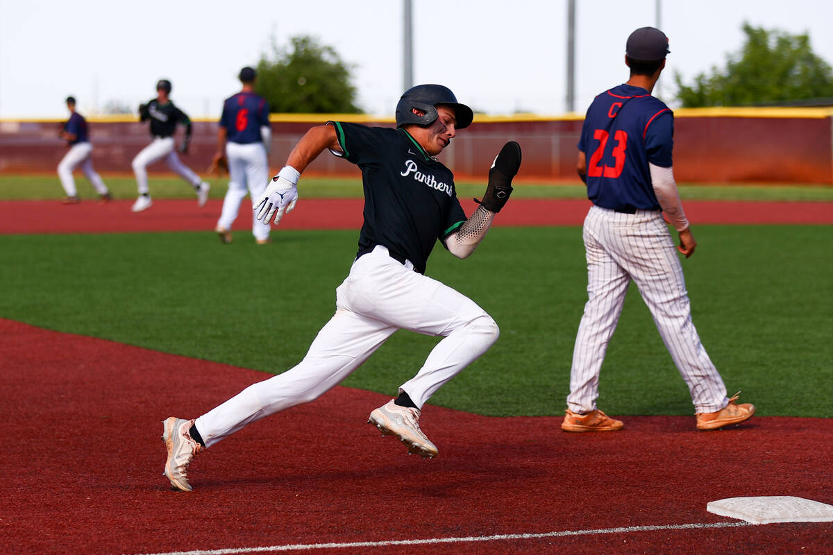 Palo Verde outfielder Karsen Smaka (6) rounds third base before scoring during a Class 5A baseb ...