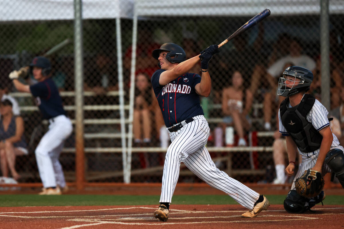 Coronado first baseman Brigham Bleazard (2) hits a two-RBI single during a Class 5A baseball st ...