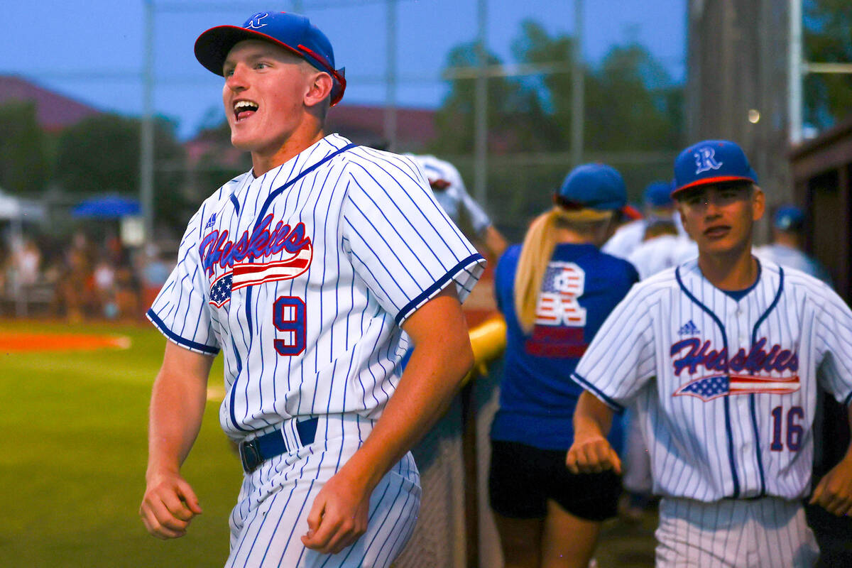 Reno’s Colton Ouellette (9) celebrates as his team wins a Class 5A baseball state tourna ...