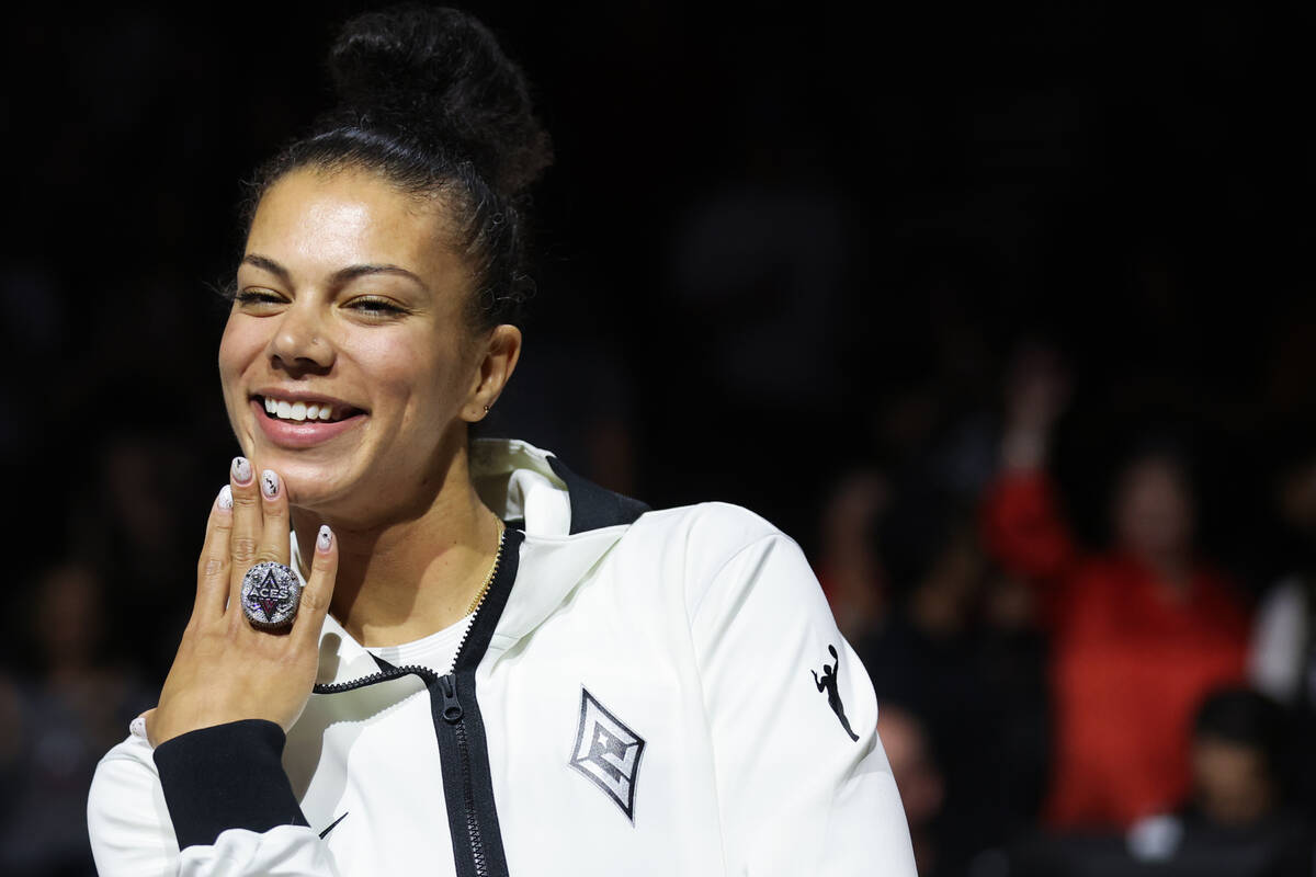 Las Vegas Aces forward Alysha Clark (7) shows off her new 2023 WNBA Championship rings before a ...