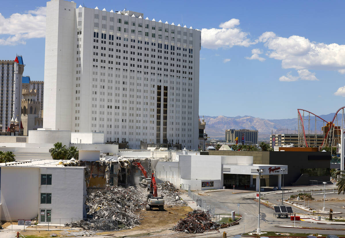 Demolition continues at the Tropicana on Monday, May 13, 2024, in Las Vegas. (Bizuayehu Tesfaye ...