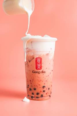 A strawberry bubble tea drink from Gong cha, the global bubble (or boba) tea shop that is set ...
