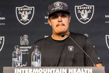 Raiders quarterback Aidan O’Connell takes questions during a media availability on the f ...
