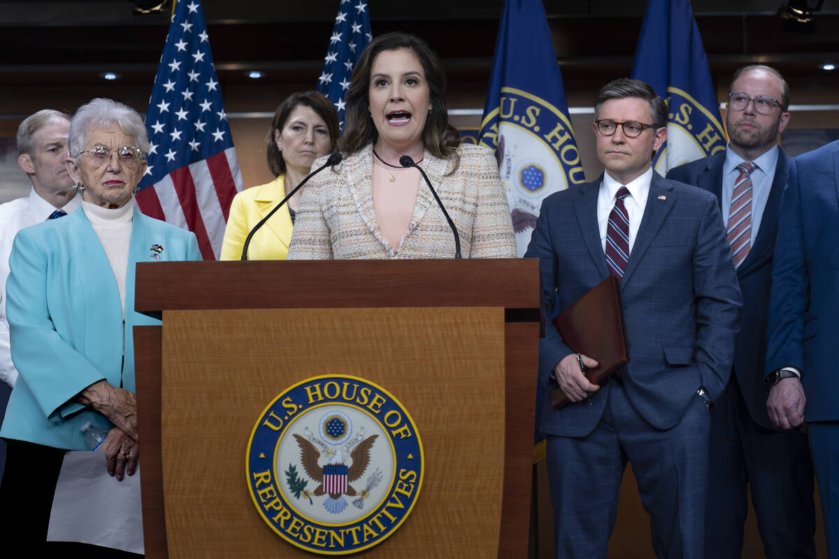 FILE - Chair of the House Republican Conference Rep. Elise Stefanik, R-N.Y., talks to reporters ...