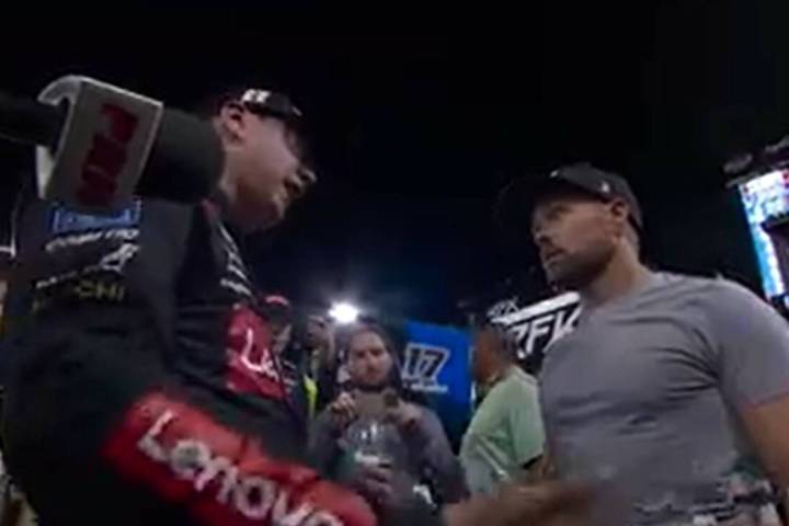 Ricky Stenhouse Jr., right, confronts Kyle Busch at North Wilkesboro Speedway in North Carolina ...