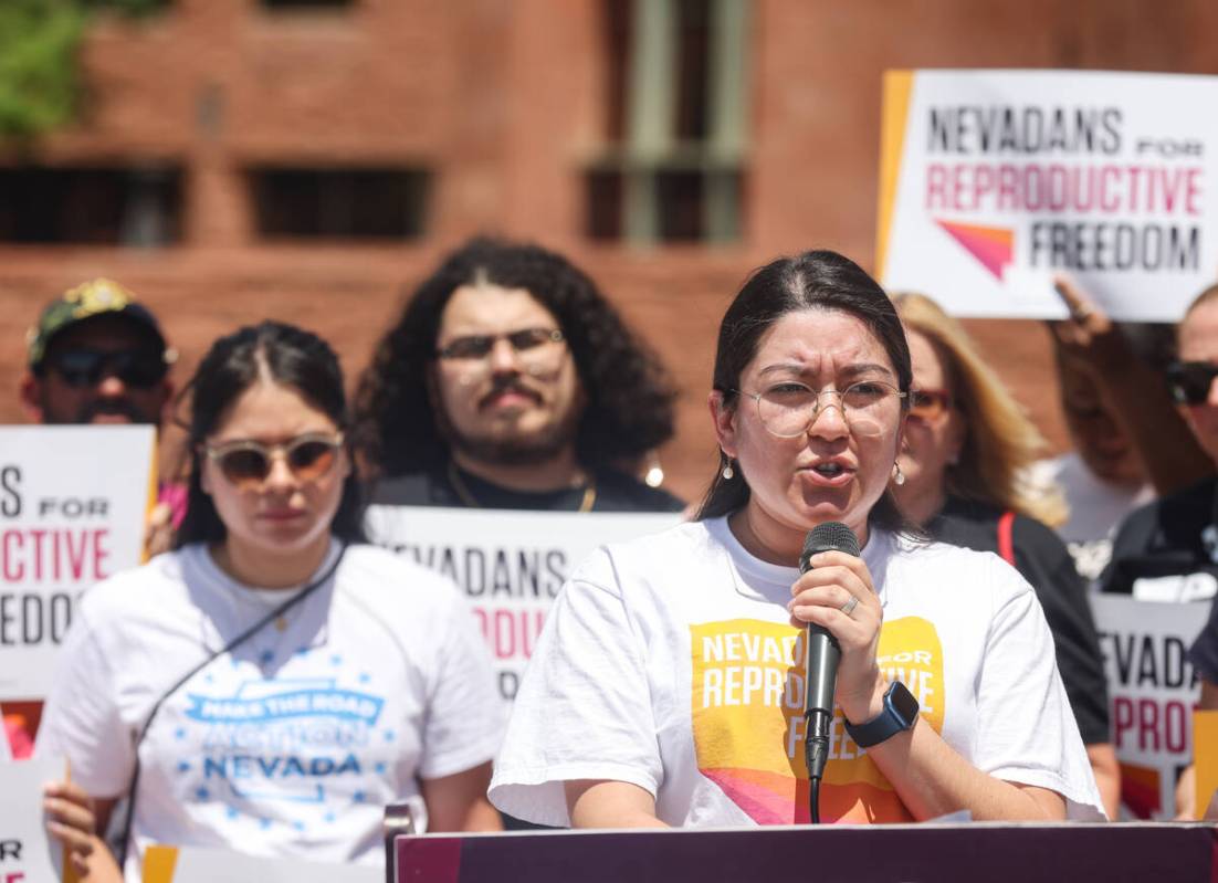 Denise Lopez, Director of Nevada campaigns for Reproductive Freedom for All, addresses the medi ...