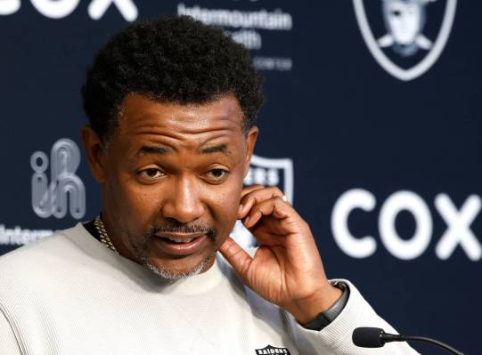 Raiders defensive coordinator Patrick Graham pauses as he speaks during a news conference befor ...